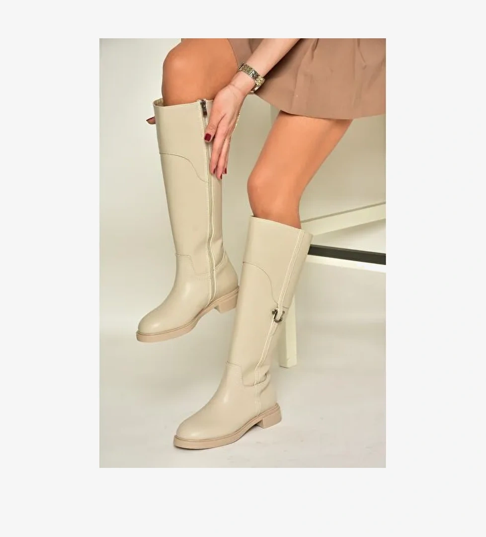 T973600609 Bej Düz Taban Kadın Çizme - Görsel 1