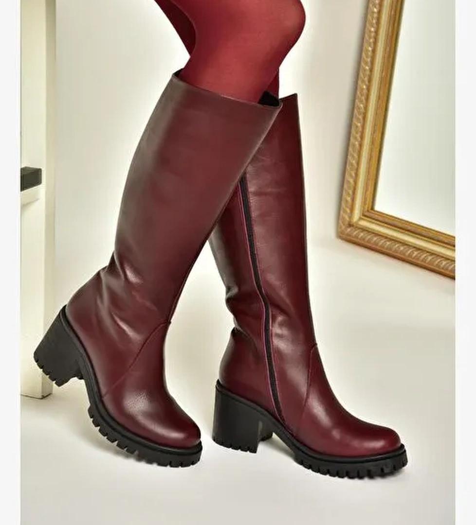 R654047703 Bordo Hakiki Deri Kalın Topuklu Kadın Çizme - Görsel 1
