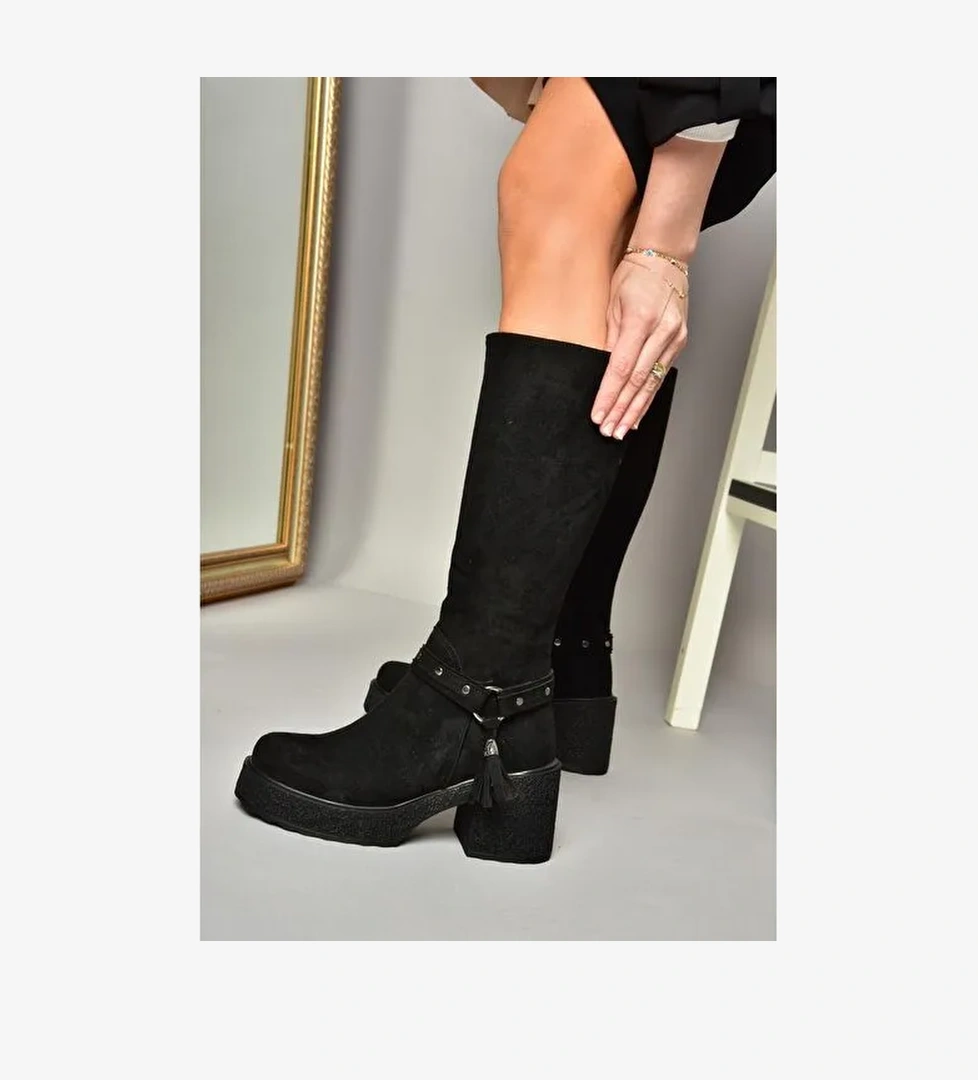 T996224002 Siyah Süet Kalın Topuklu Kadın Çizme - Görsel 1