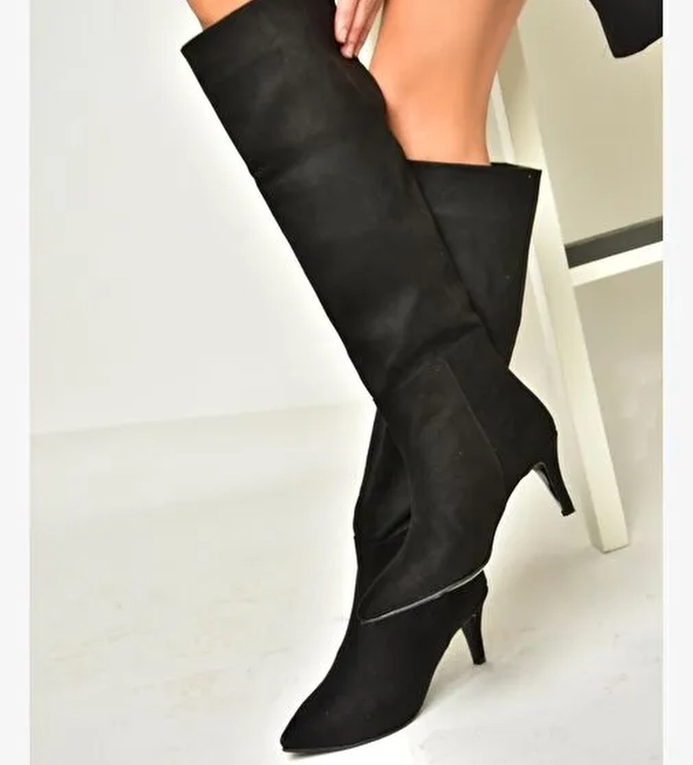 N749204002 Siyah Süet Alçak Topuklu Kadın Çizme - Görsel 1