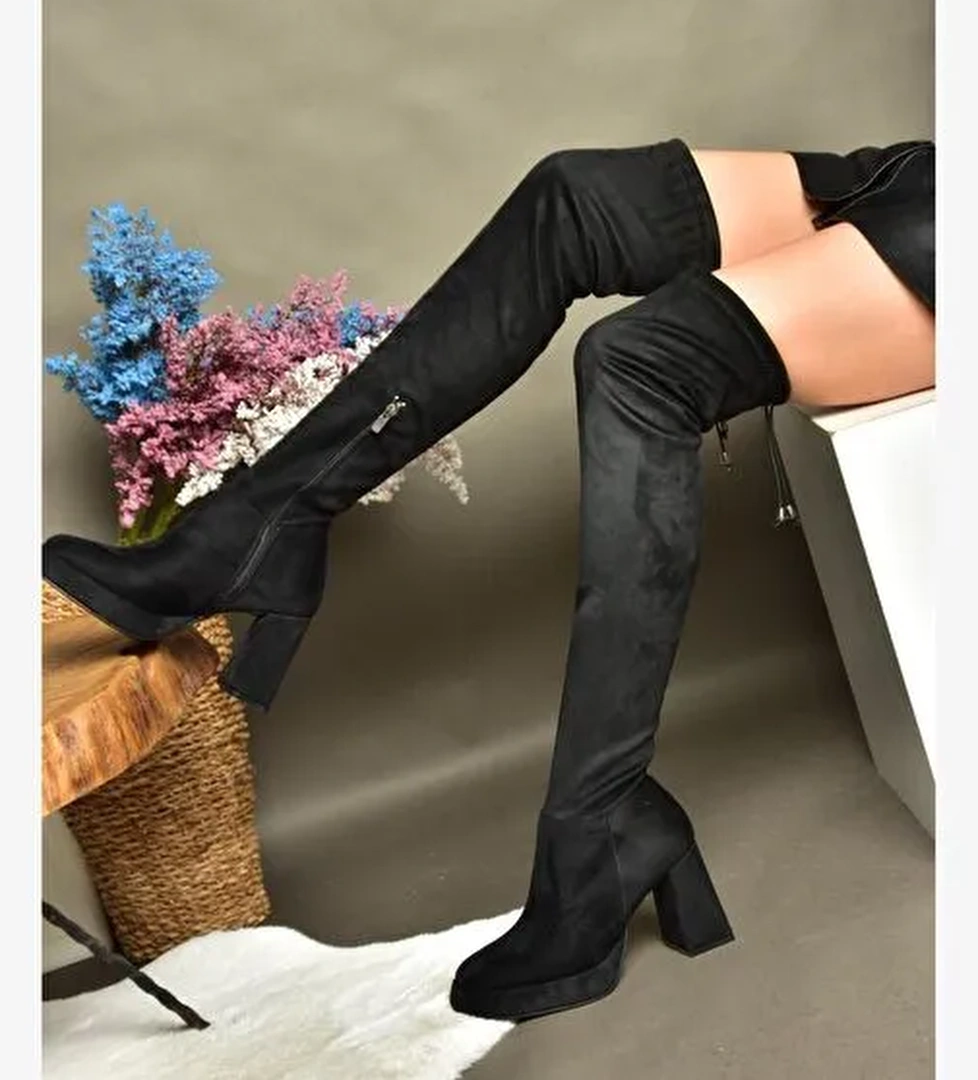 R282230002 Siyah Süet Dizüstü Kalın Topuklu Kadın Çizme - Görsel 1