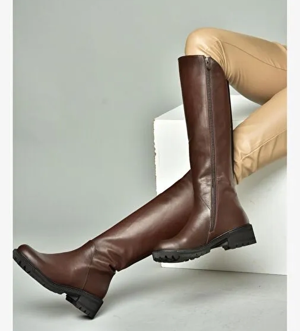 N654032803 Kahverengi Hakiki Deri Alçak Topuklu Kadın Çizme - Görsel 1