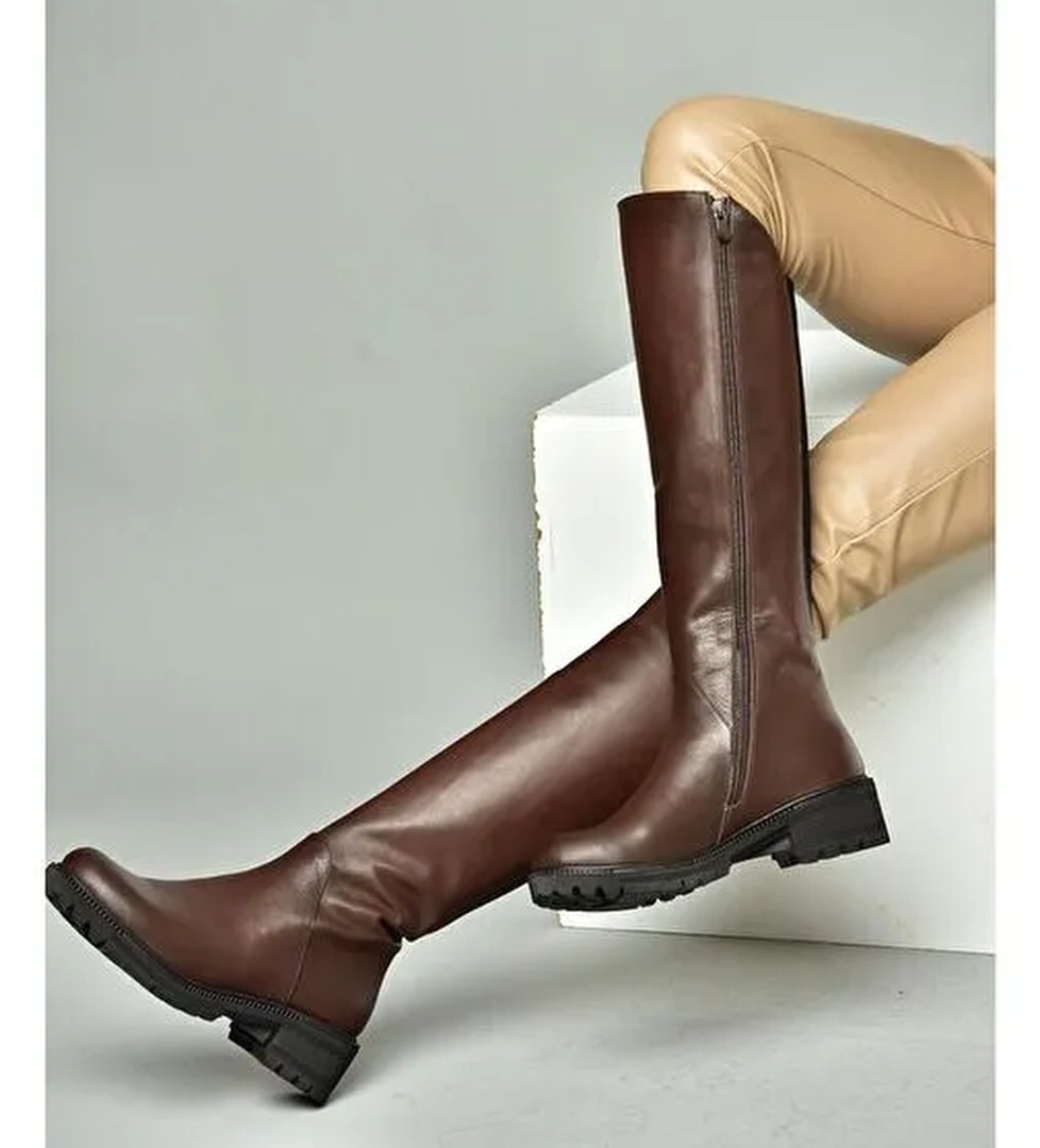 N654032803 Kahverengi Hakiki Deri Alçak Topuklu Kadın Çizme - Görsel 1