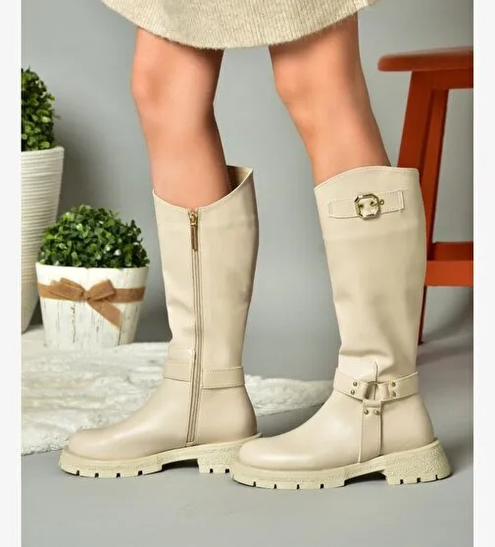 R518296309 Bej Fermuarlı Kadın Çizme - Görsel 1