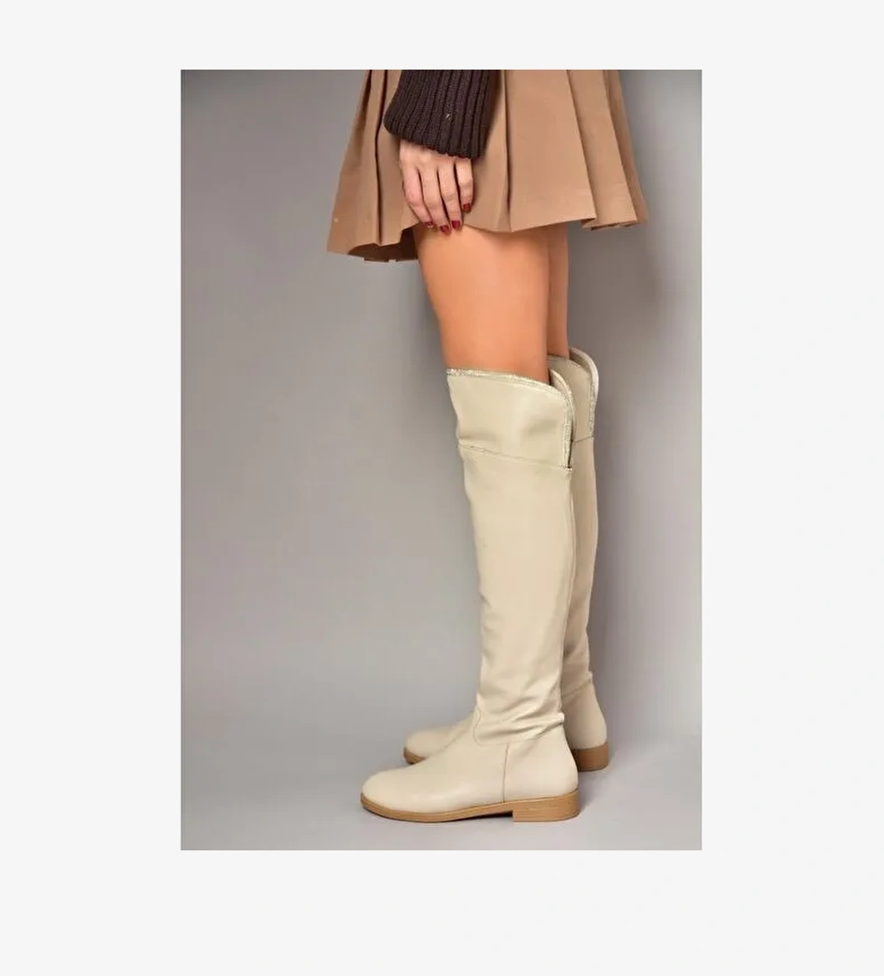 T848643509 Bej Taş Detaylı Kadın Çizme - Görsel 1