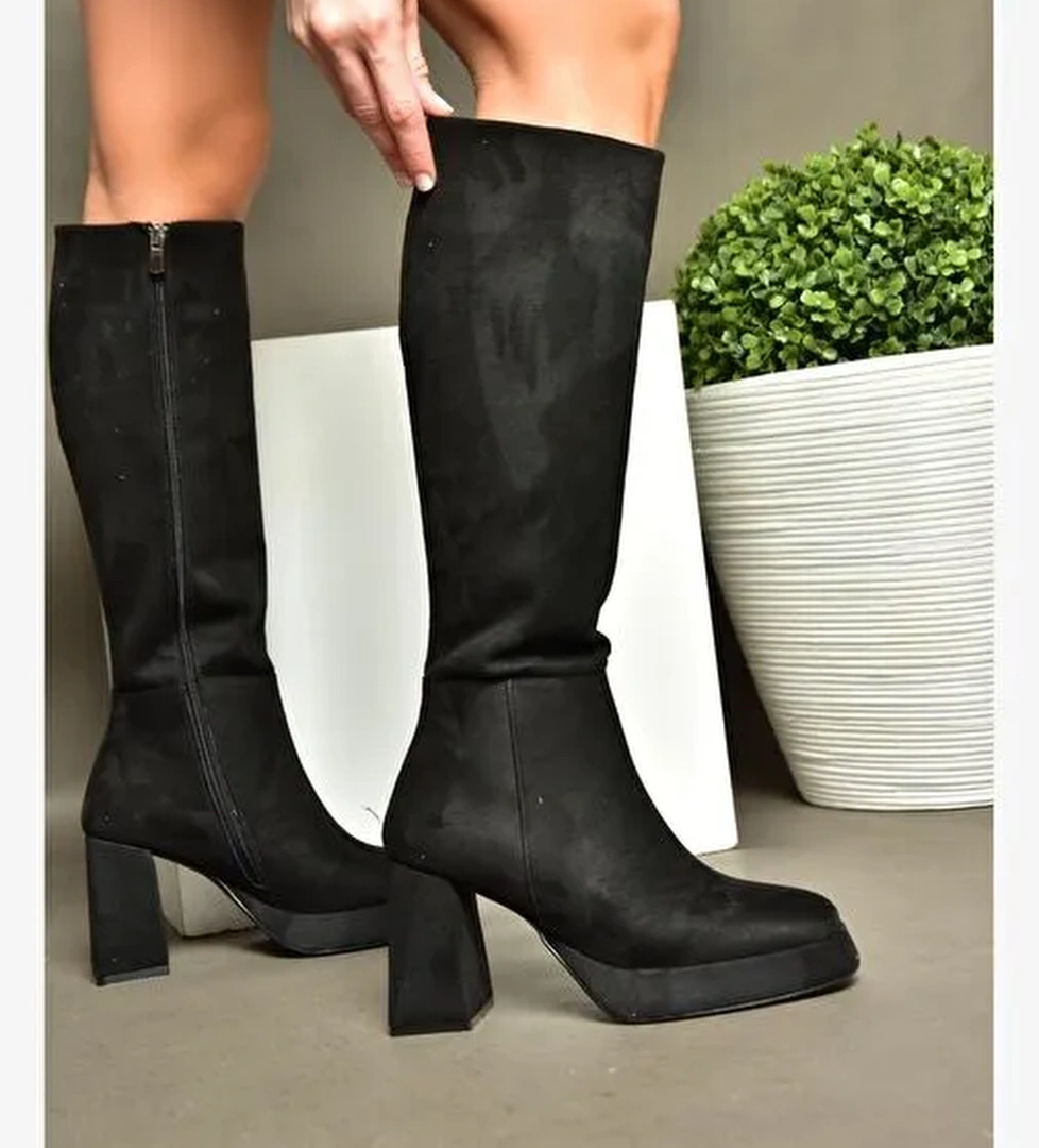 R282230102 Siyah Süet Platform Kalın Topuklu Kadın Çizme - Görsel 1