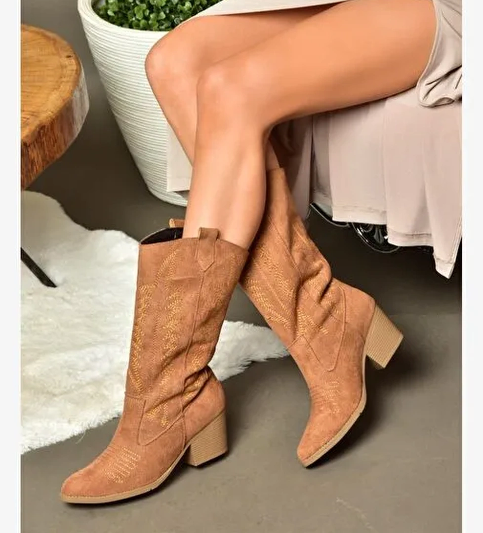R973934002 Taba Süet Kovboy Model Kadın Çizme - Görsel 1