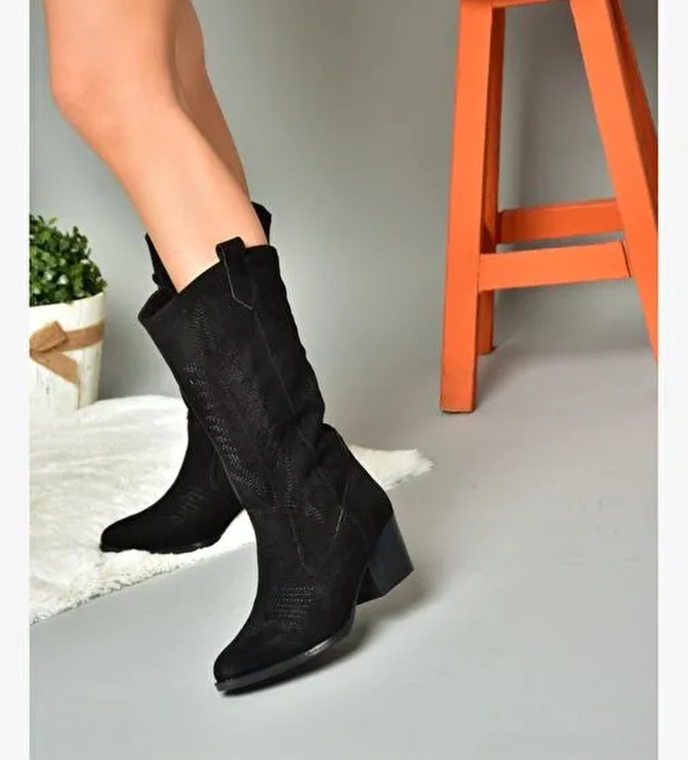 R973934002 Siyah Süet Alçak Topuklu Kadın Çizme - Görsel 1