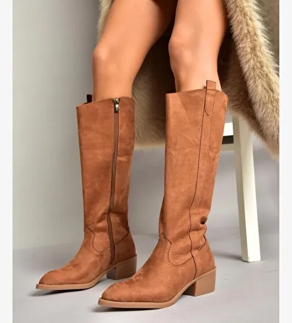 T480142802 Taba Süet Alçak Topuklu Kadın Çizme - Görsel 1