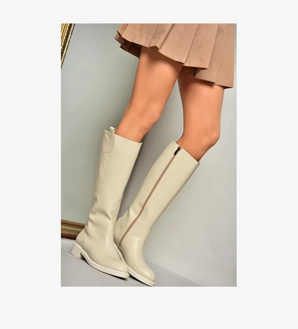 T590962009 Bej Alçak Topuklu Kadın Çizme - Görsel 1