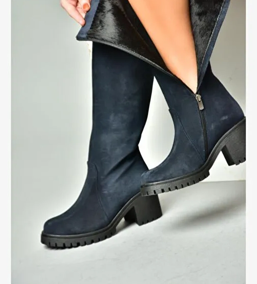 R654047702 Lacivert Hakiki Deri Süet Kalın Topuklu Kadın Çizme - Görsel 1