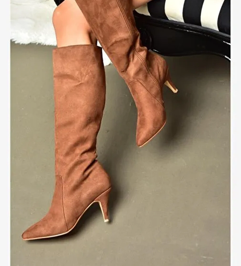 R372453002 Taba Süet İnce Topuklu Kadın Çizme - Görsel 1