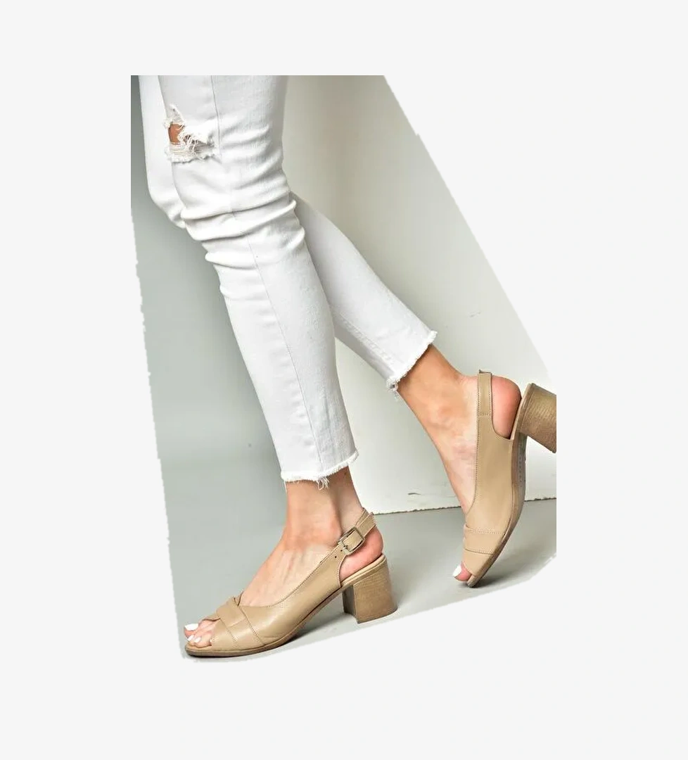 P555452903 Vizon Hakiki Deri Kalın Topuklu Kadın Sandalet - Görsel 1