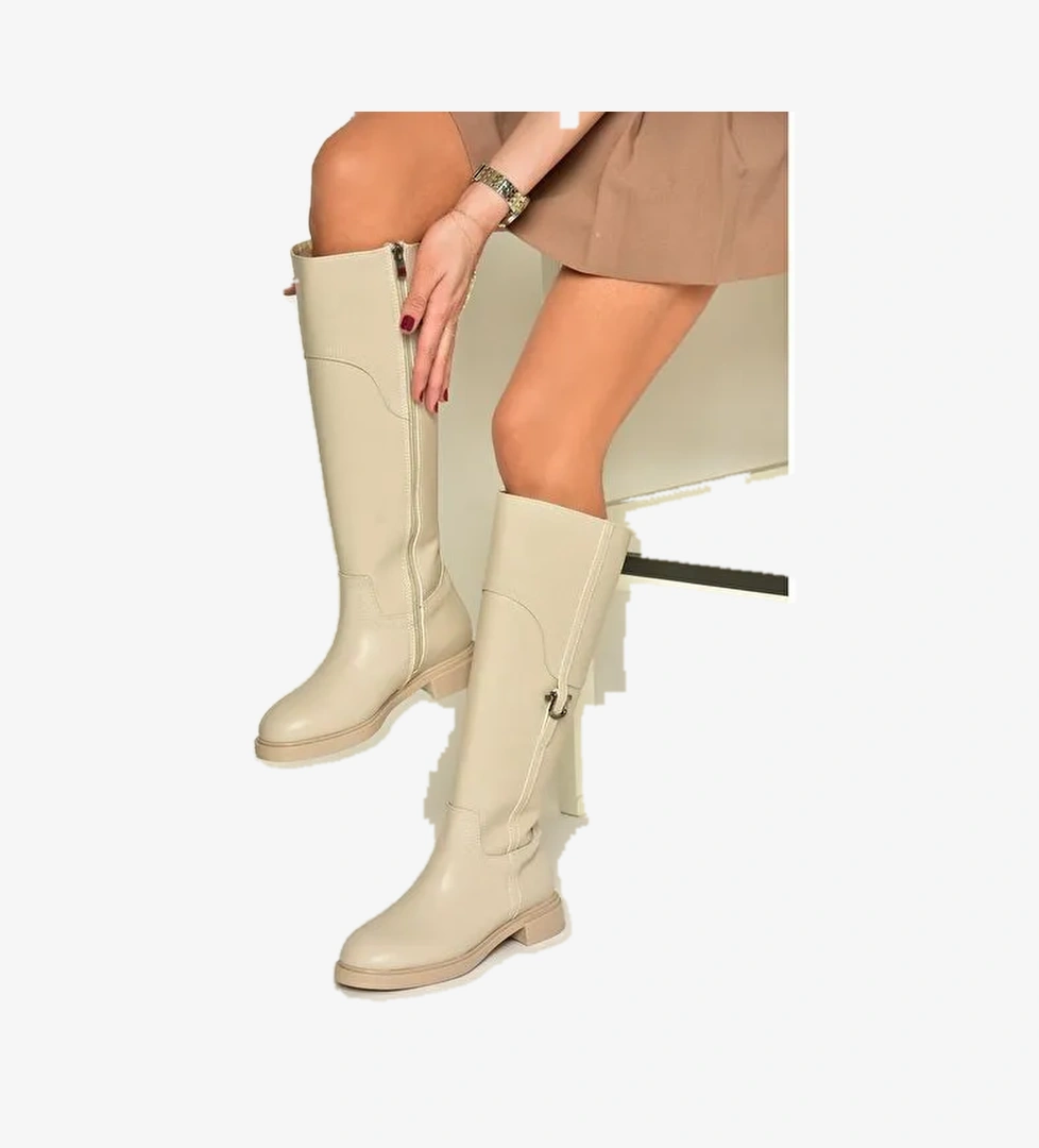 T973600609 Bej Düz Taban Kadın Çizme - Görsel 1