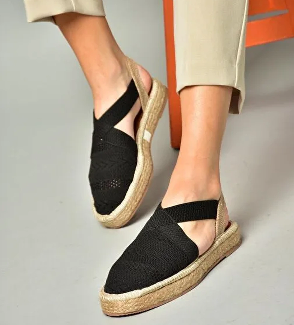 S404010106 Siyah Dantel Kumaş Kadın Espadril Sandalet - Görsel 1