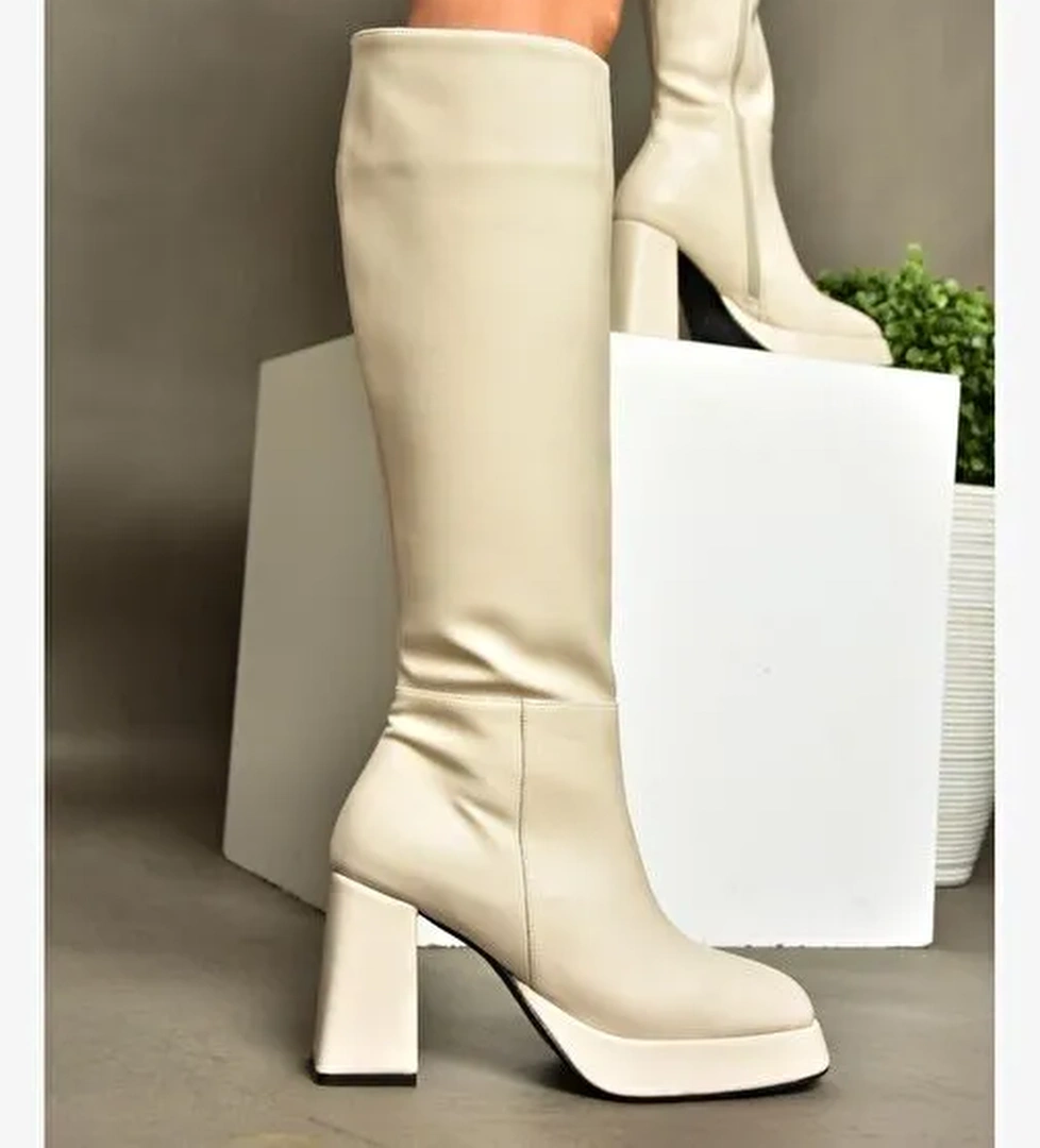 R282230109 Bej Platform Kalın Topuklu Kadın Çizme - Görsel 1