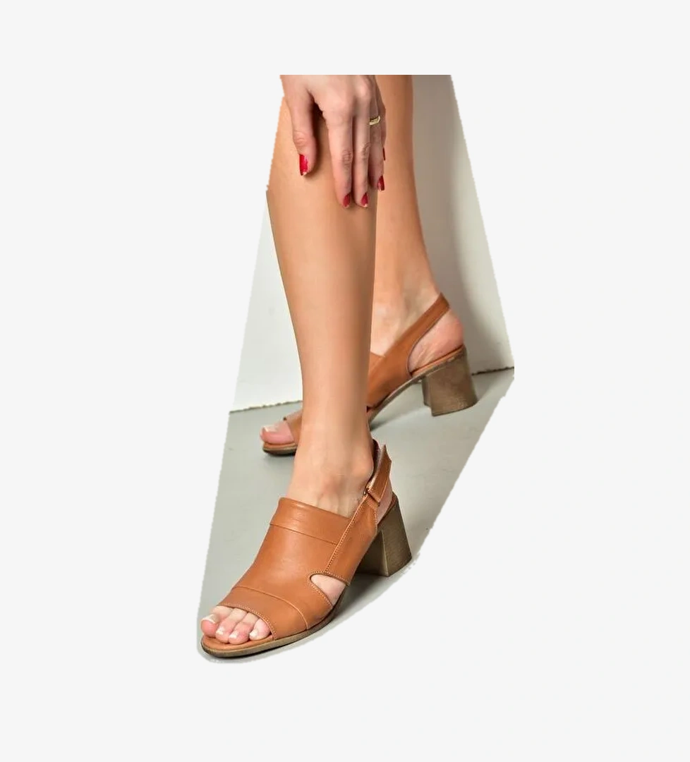 P555452303 Taba Hakiki Deri Kalın Topuklu Kadın Sandalet - Görsel 1