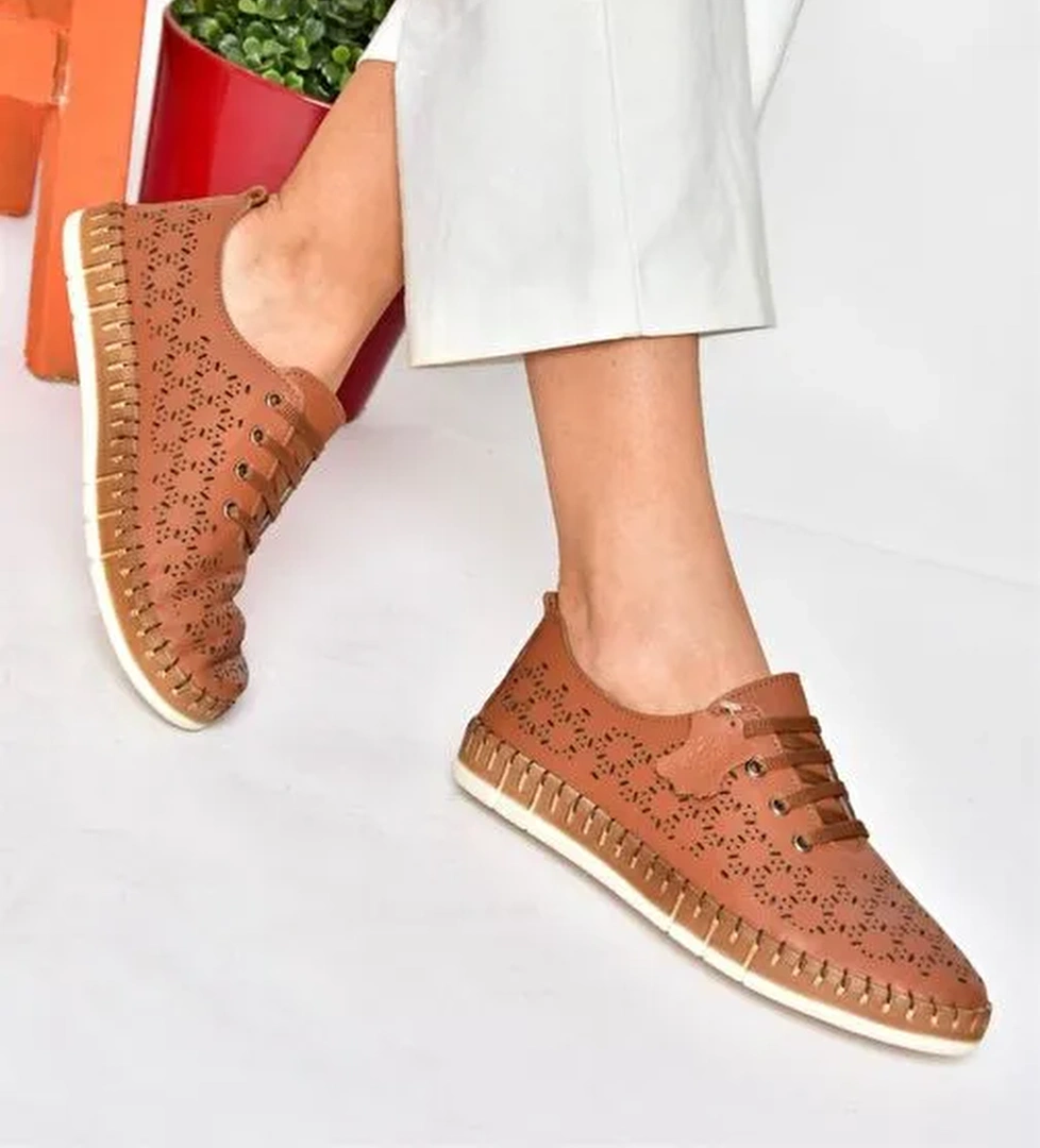 P555004703 Taba Bağcıklı Hakiki Deri Günlük Kadın Ayakkabı - Görsel 1