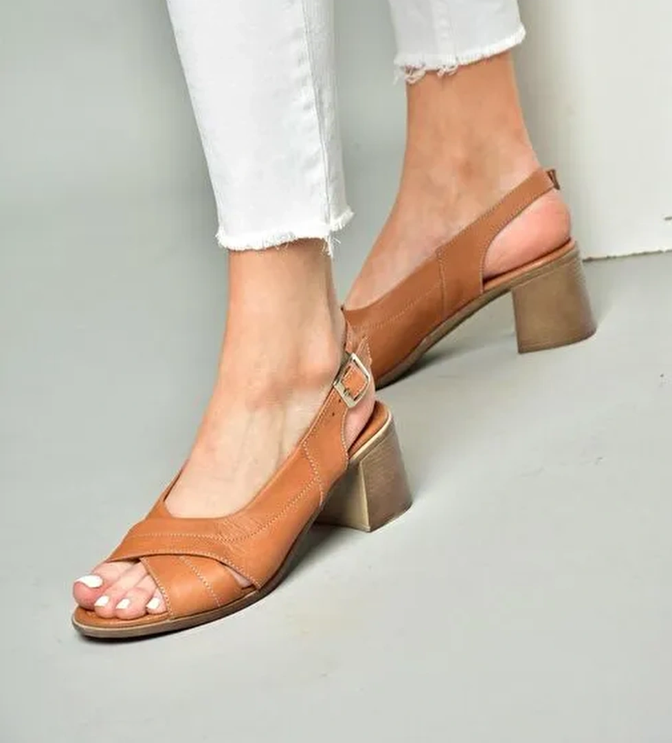 P555452203 Taba Hakiki Deri Kalın Topuklu Kadın Ayakkabı - Görsel 1