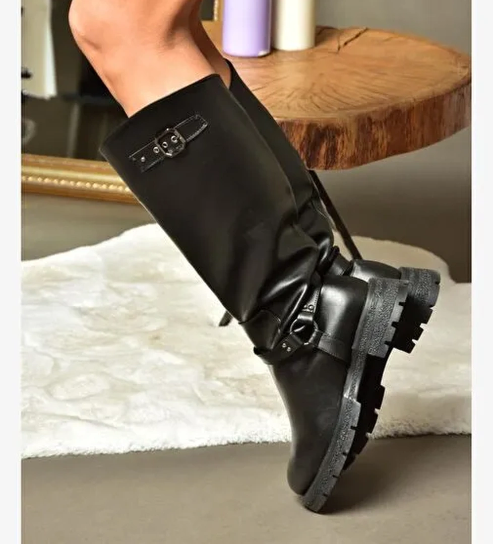 R518296309 Siyah Fermuarlı Kadın Çizme - Görsel 1