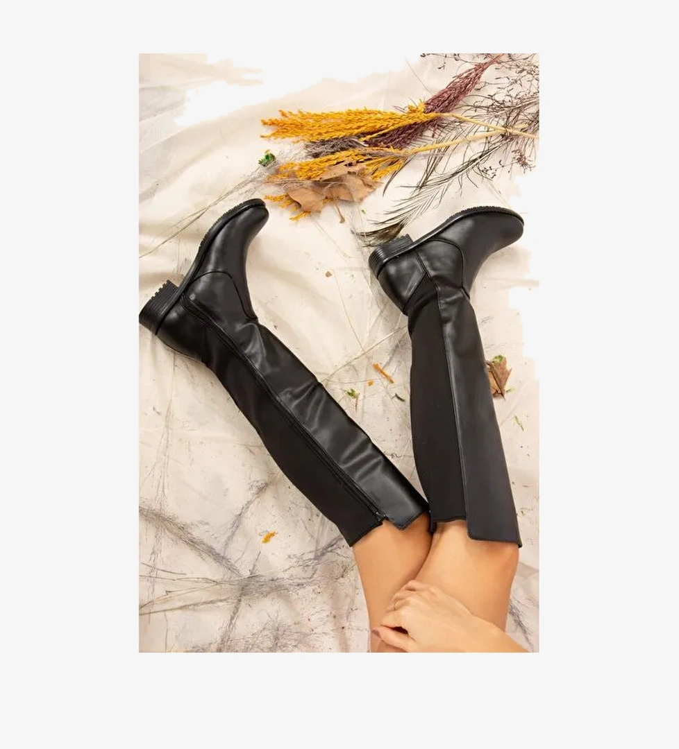 Siyah Suni Deri Kadın Çizme J726533209 - Görsel 1