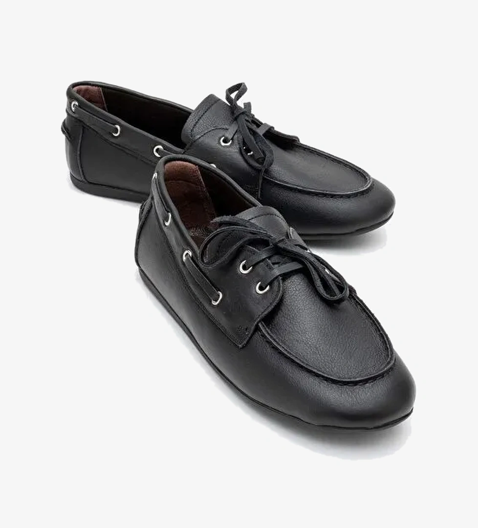 SERELIS Siyah Cilt Hakiki Deri Bağcıklı Kadın Loafer Ayakkabı - Görsel 1