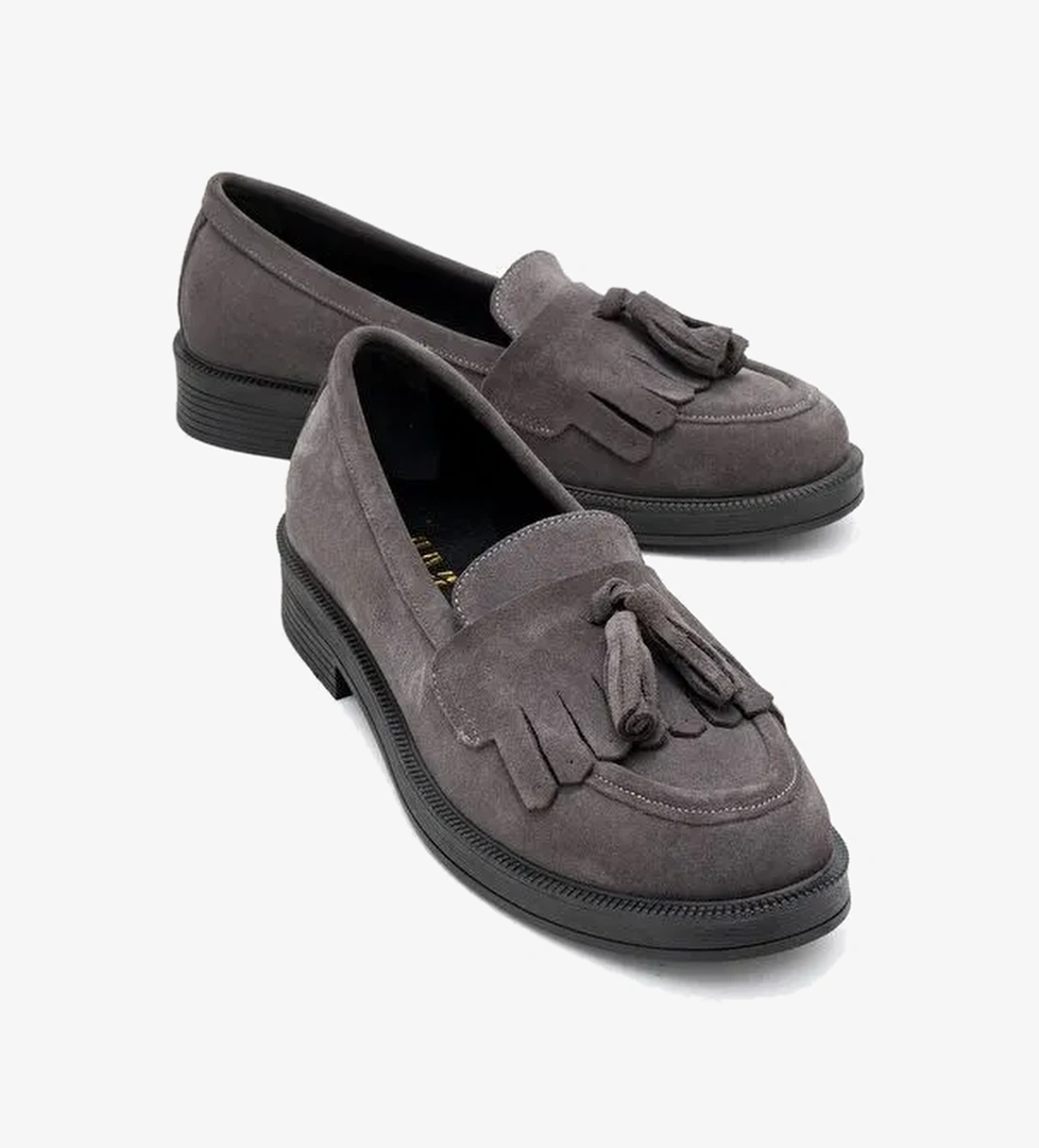 MİLİNA Füme Süet Püsküllü Hakiki Deri Kadın Loafer Ayakkabı - Görsel 1