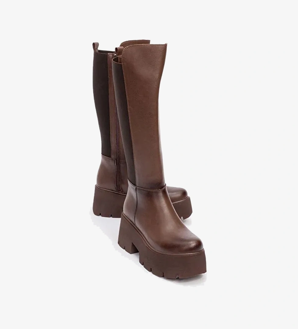 SOLO Kahve Cilt Lastikli Kadın Platform Topuklu Çizme - Görsel 1