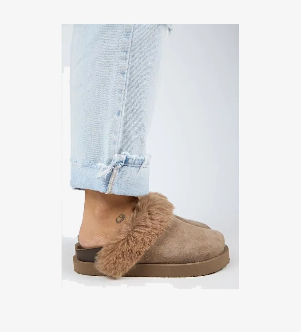 Manijero Ruzqahi Kürklü Kadın Deri Hakiki Deri Düz Platform Sabo Vizon Terlik - Görsel 1