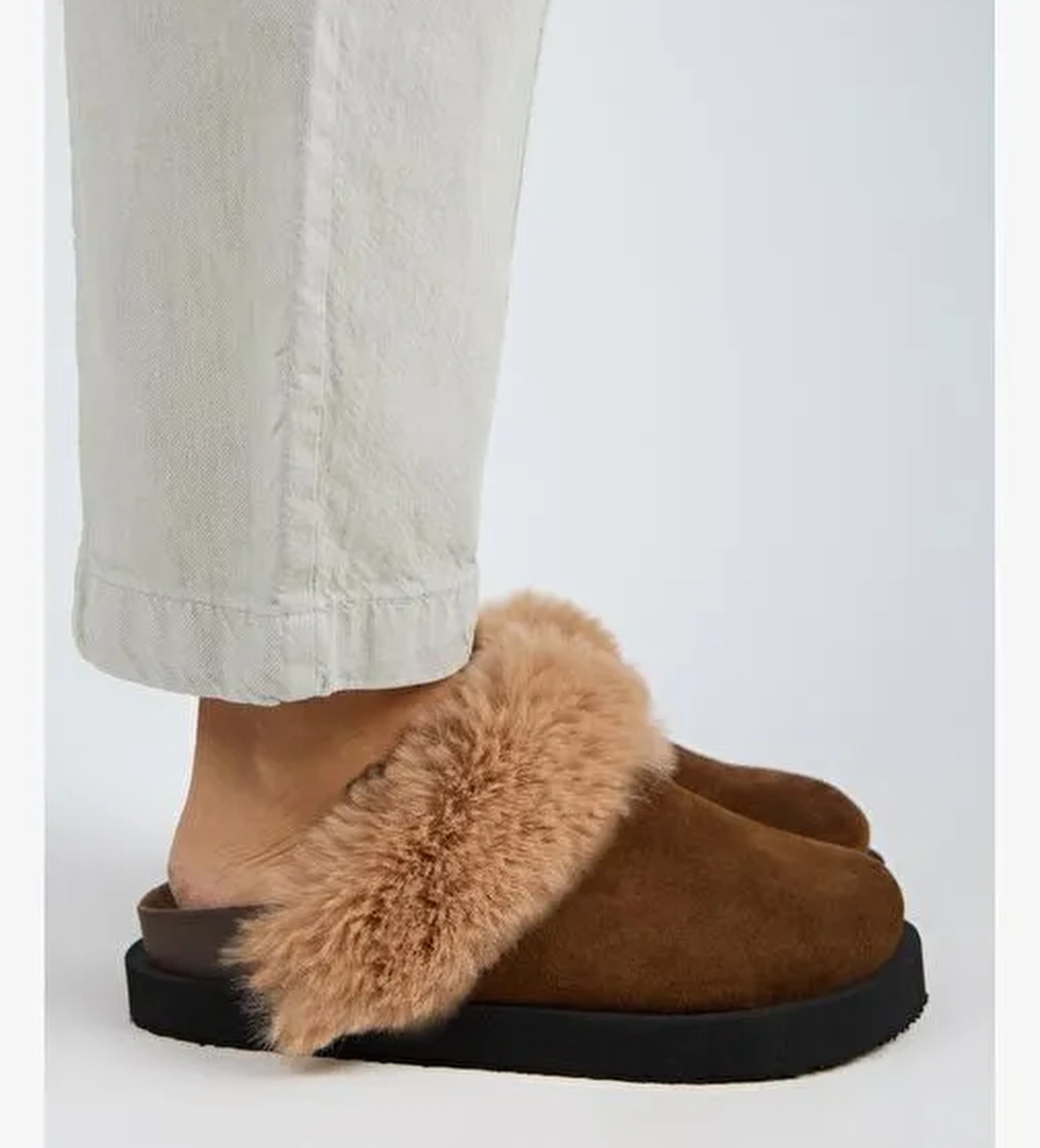 Manijero Ruzqahi Kürklü Kadın Deri Hakiki Deri Düz Platform Sabo Taba Terlik - Görsel 1