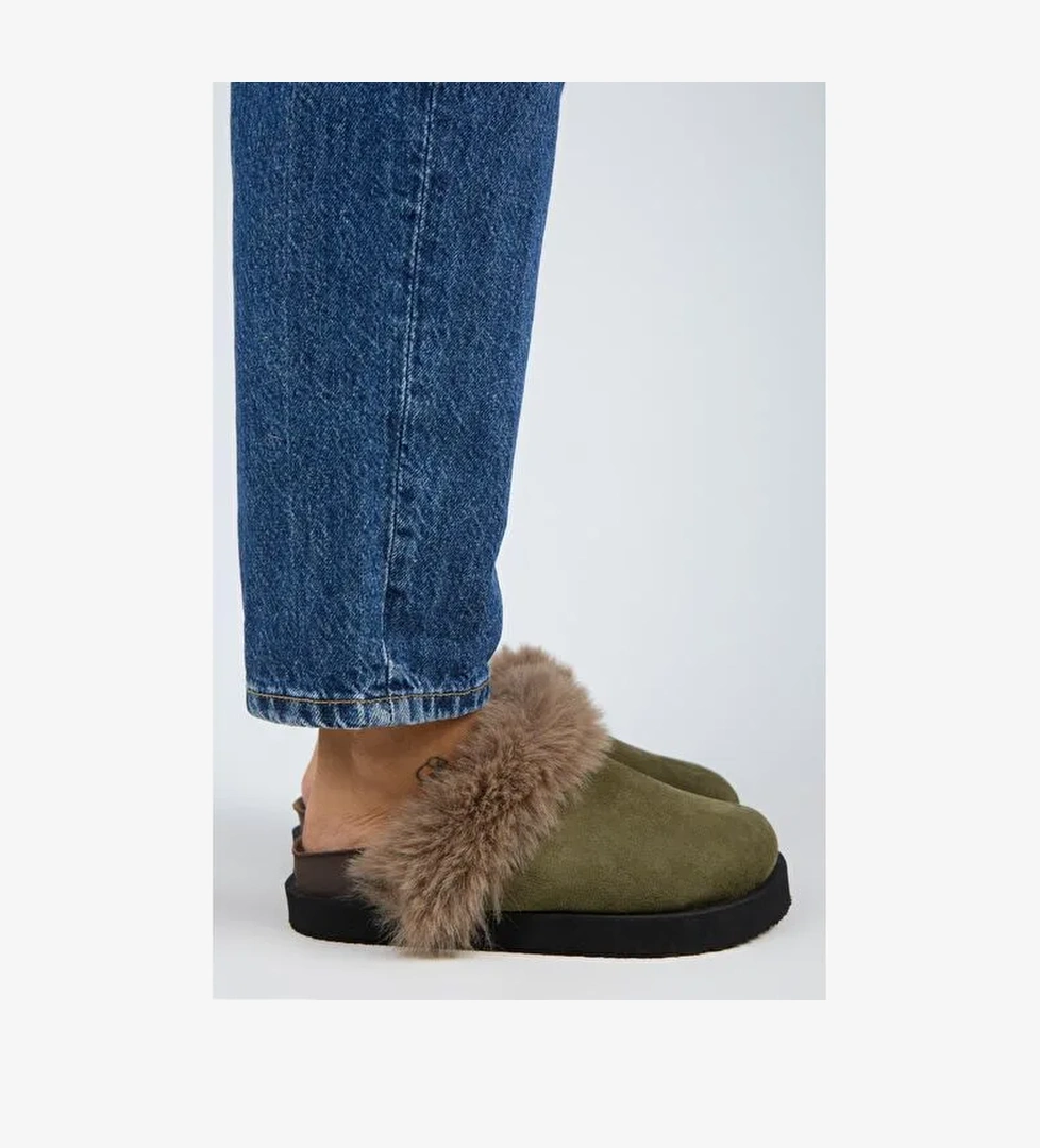 Manijero Ruzqahi Kürklü Kadın Deri Hakiki Deri Düz Platform Sabo Haki Terlik - Görsel 1