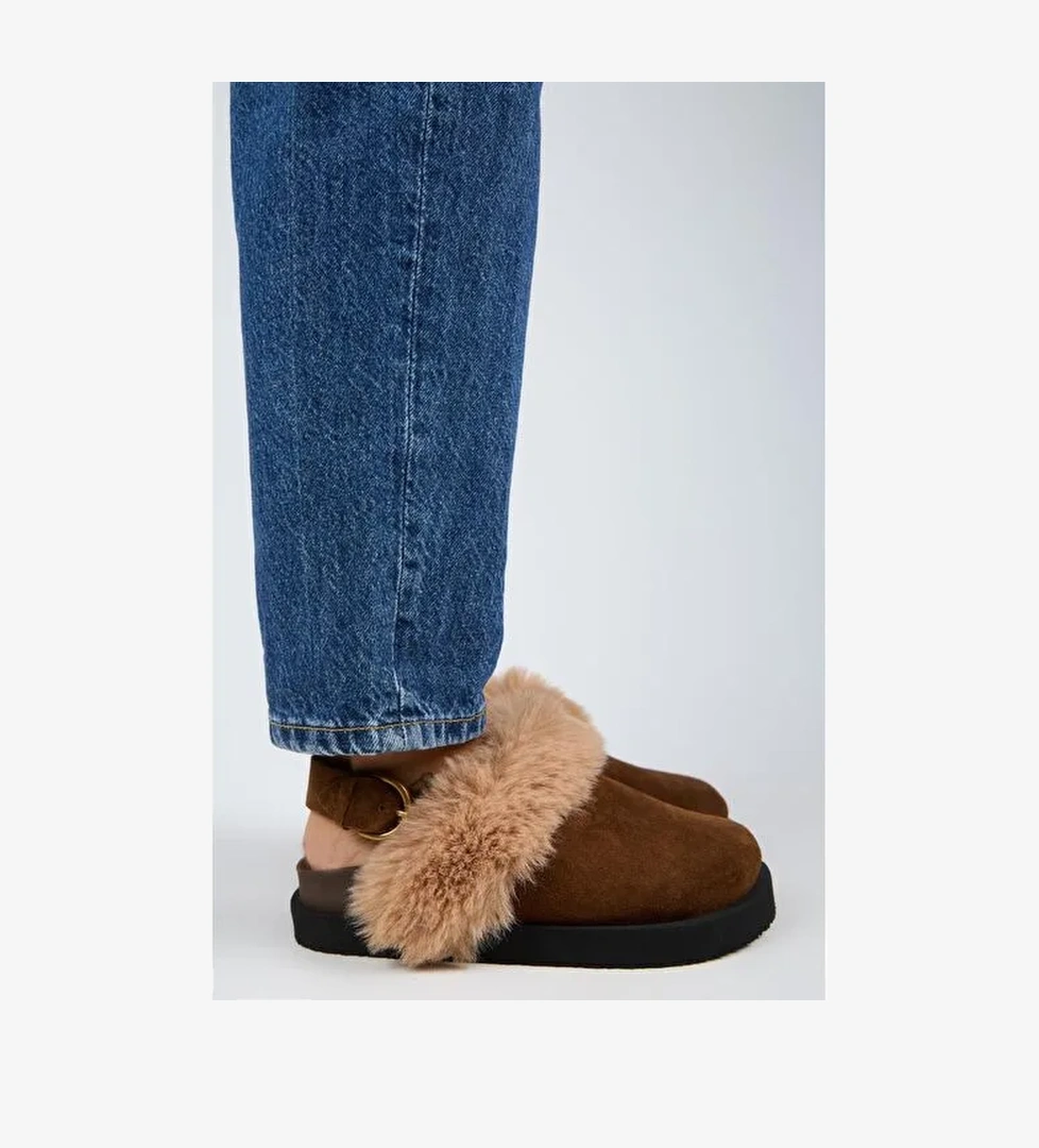 Manijero Antonella Kürklü Kadın Hakiki Deri Arkadan Kemerli Platform Sabo Taba Sandalet - Görsel 1