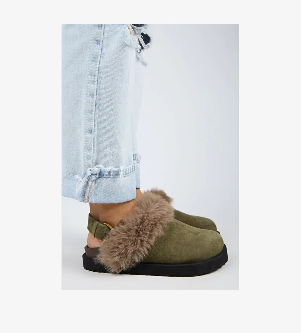 Manijero Antonella Kürklü Kadın Hakiki Deri Arkadan Kemerli Platform Sabo Haki Sandalet - Görsel 1