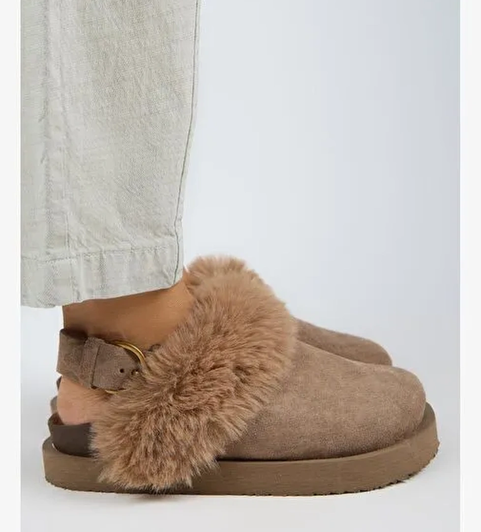 Manijero Antonella Kürklü Kadın Hakiki Deri Arkadan Kemerli Platform Sabo Vizon Sandalet - Görsel 1