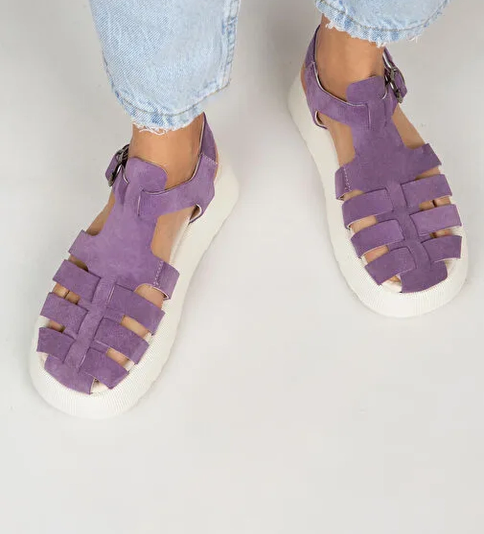 Manijero Rosa Kadın Hakiki Deri Tokalı Mor Sandalet - Görsel 1