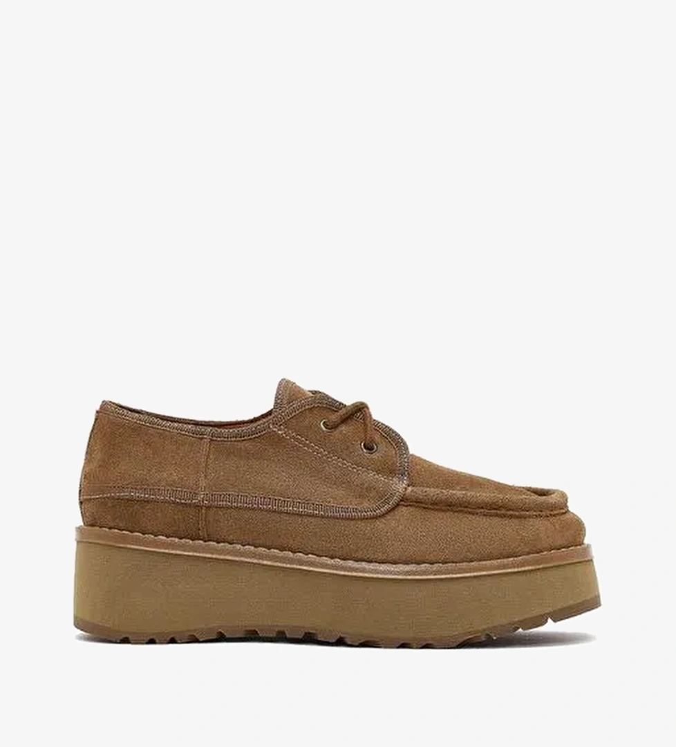 Kadın Bej Kalın Tabanlı Bağcıklı Süet Deri Teddy Casual Ayakkabı 25AFD189610 - Görsel 1