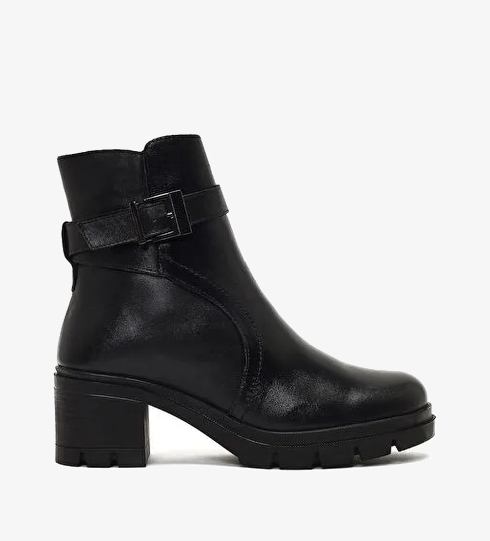Kadın Siyah Fermuarlı Kalın Topuklu Deri Bot 25WFD414118 - Görsel 1
