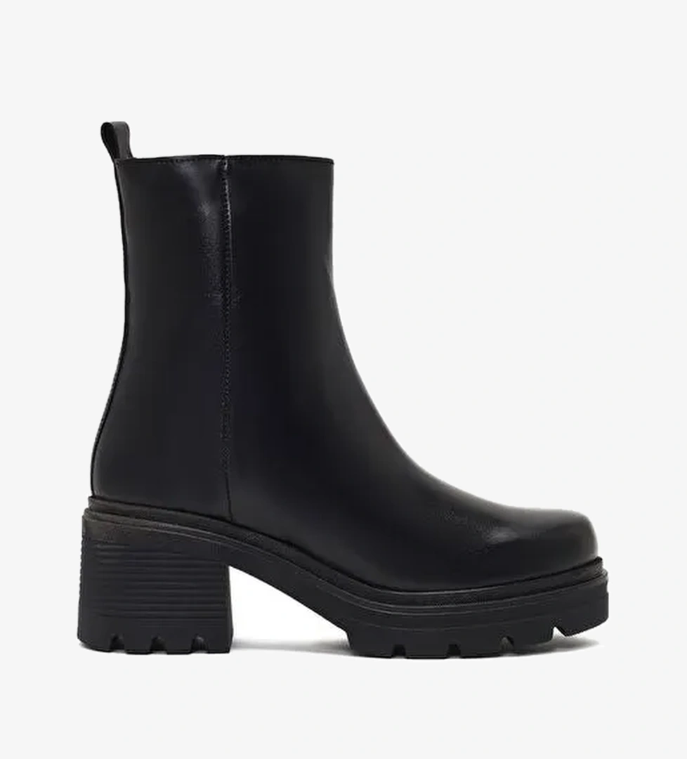 Kadın Siyah Fermuarlı Kalın Topuklu Deri Bot 25WFD187518 - Görsel 1