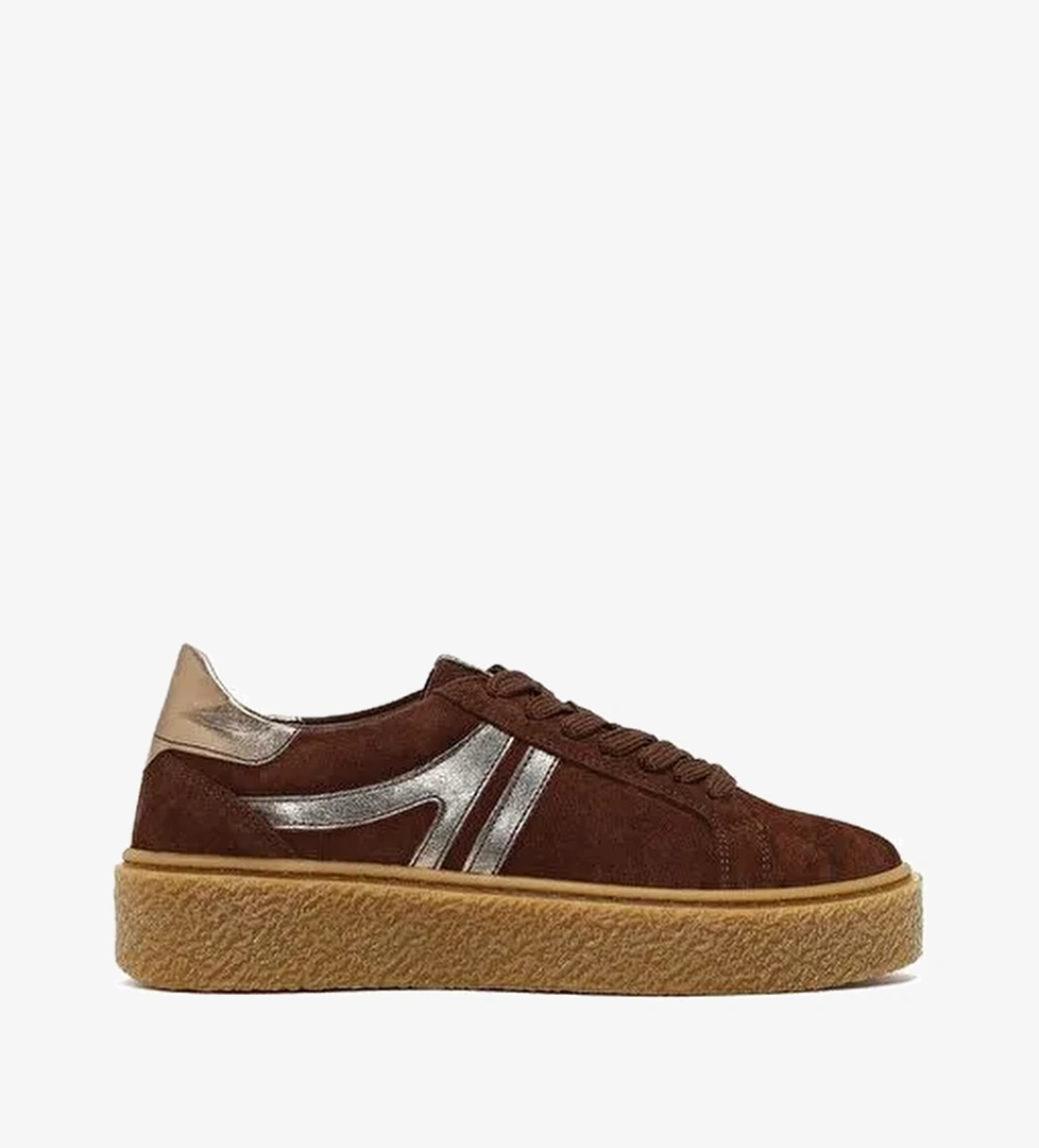 Kadın Kahverengi Bağcıklı Kalın Tabanlı Süet Deri Sneaker 25AFD511110 - Görsel 1