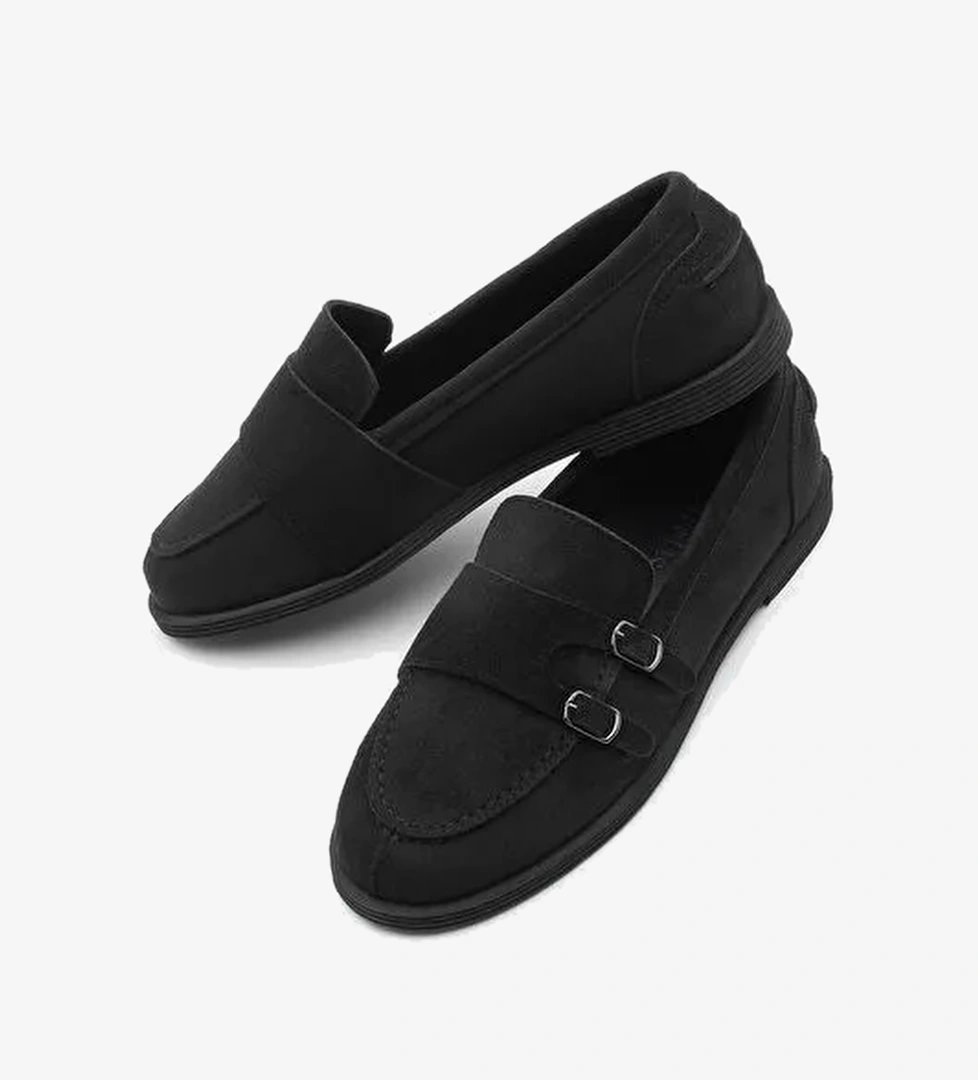 Kadın Loafer Tokalı Çift Bantlı Günlük Ayakkabı Ovora - Siyah Süet - Görsel 1