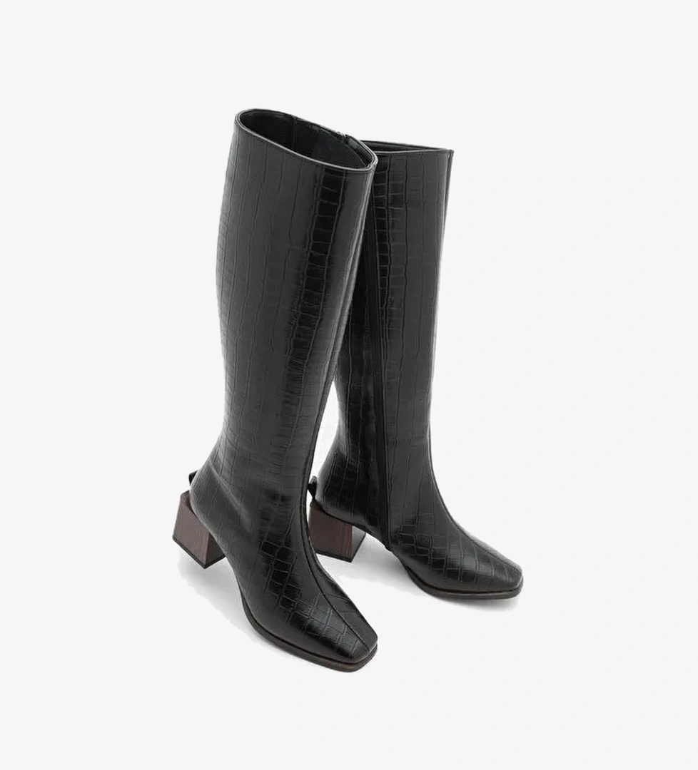 Kadın Küt Burun Fermuarlı Kalın Topuklu Çizme Lusso Siyah Croco - Görsel 1