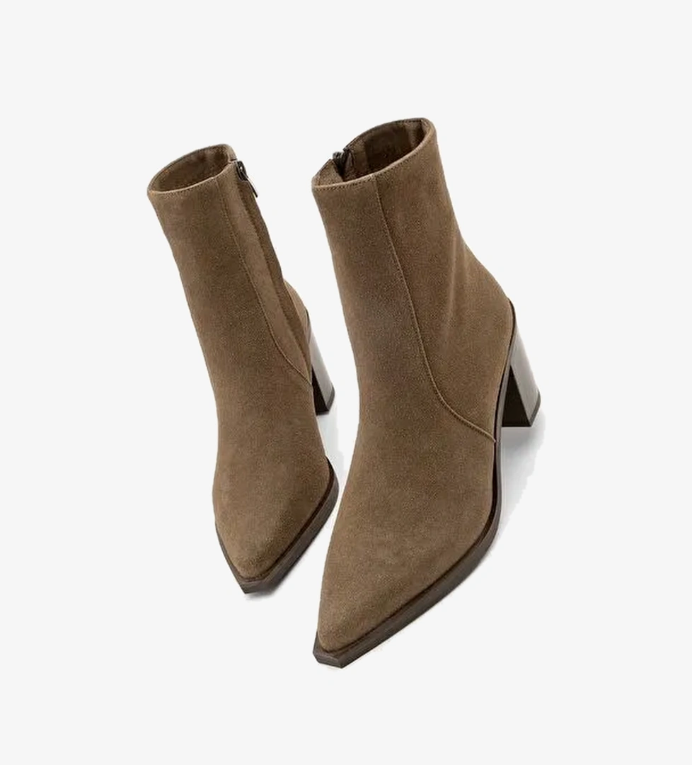 Kadın Sivri Burun Fermuarlı Kalın Ökçe Topuklu Bot Ranka Kahve Süet - Görsel 1