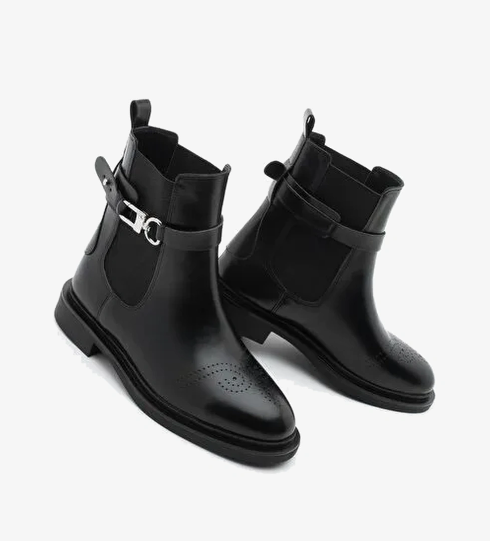 Kadın Lastikli Bilekten Çıkarılabilen Kemerli Tokalı Çift Yüzlü Günlük Bot Apade Siyah - Görsel 1