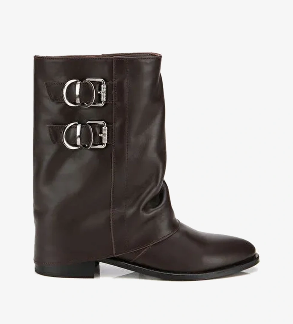 Kadın Deri Kahverengi Tokalı Kırışık Görünümlü Kovboy/Western Düz Bot 01BOH315760A480 - Görsel 1