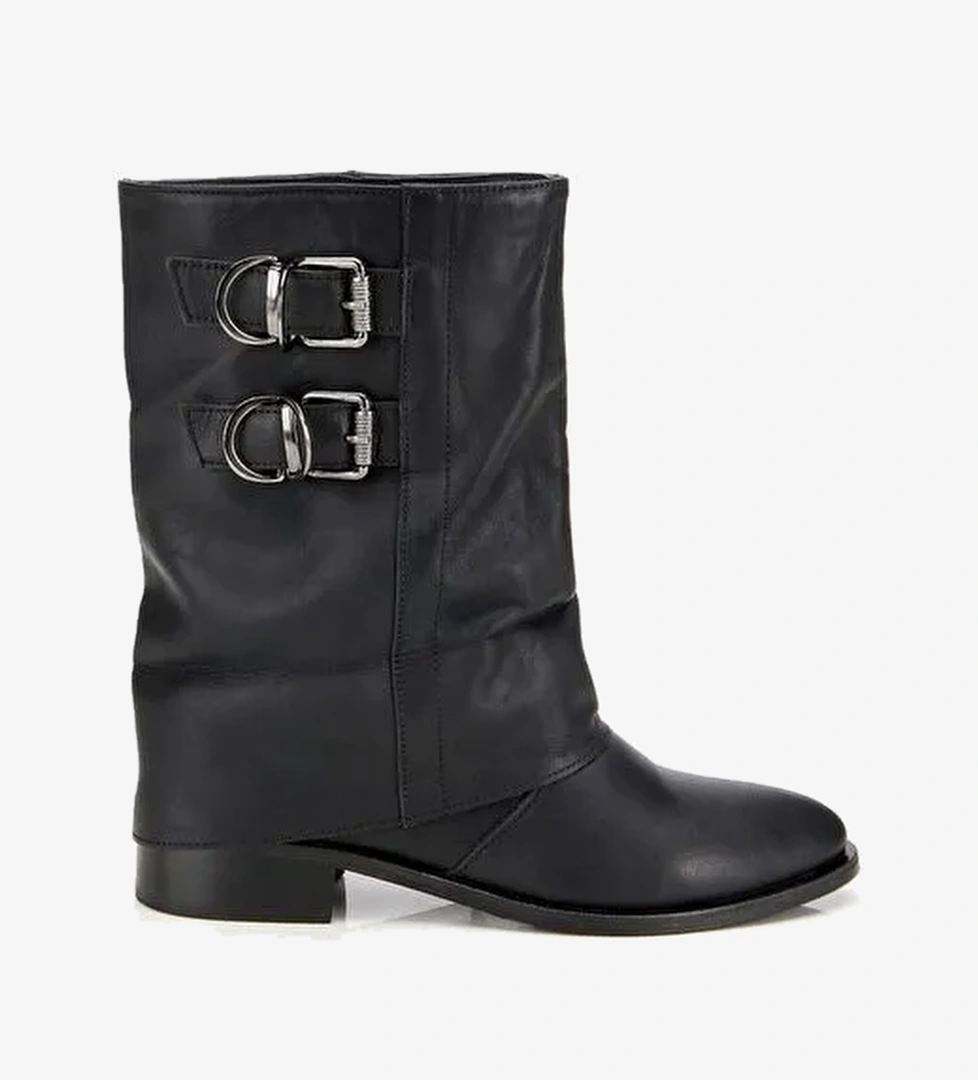 Kadın Deri Siyah Tokalı Kırışık Görünümlü Kovboy/Western Düz Bot 01BOH315750A100 - Görsel 1