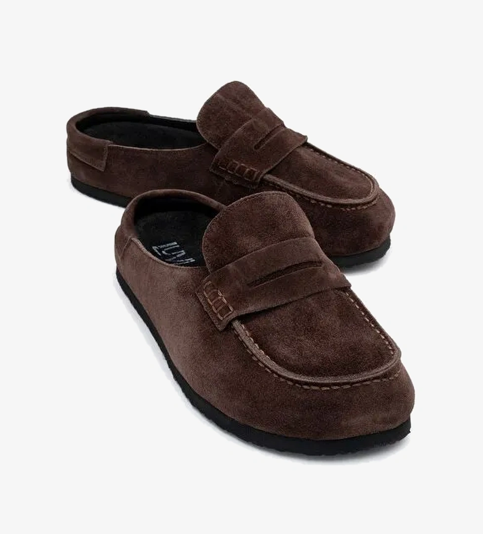 PRIVA Kahverengi Süet Hakiki Deri Kadın Terlik - Görsel 1