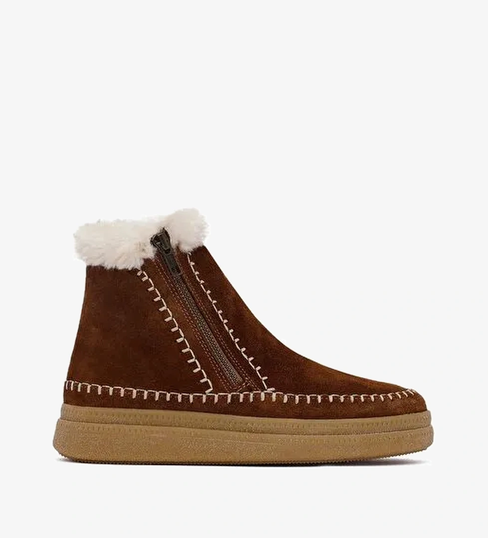 Kadın Kahverengi Fermuarlı Kalın Tabanlı Süet Deri Teddy Bot 25WFD205110