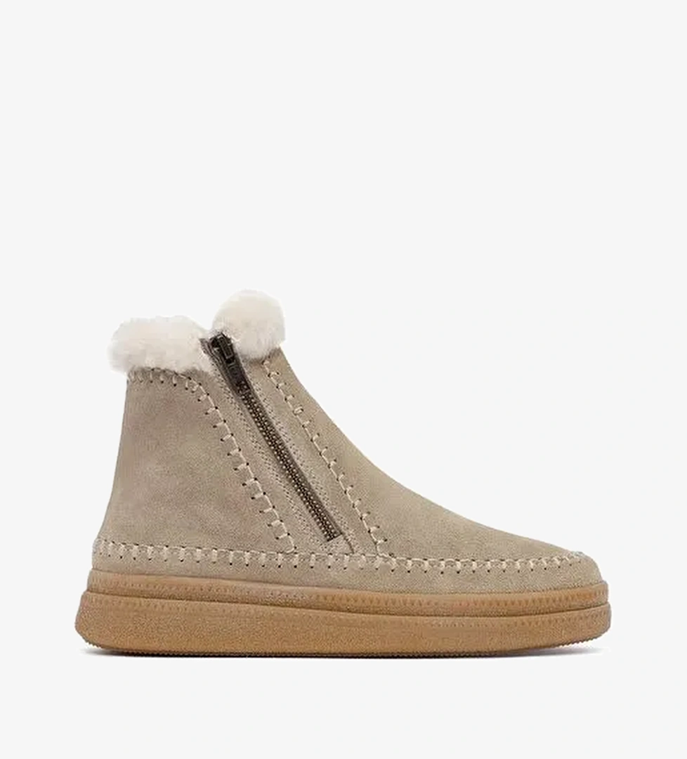Kadın Bej Fermuarlı Kalın Tabanlı Süet Deri Teddy Bot 25WFD205110 - Görsel 1