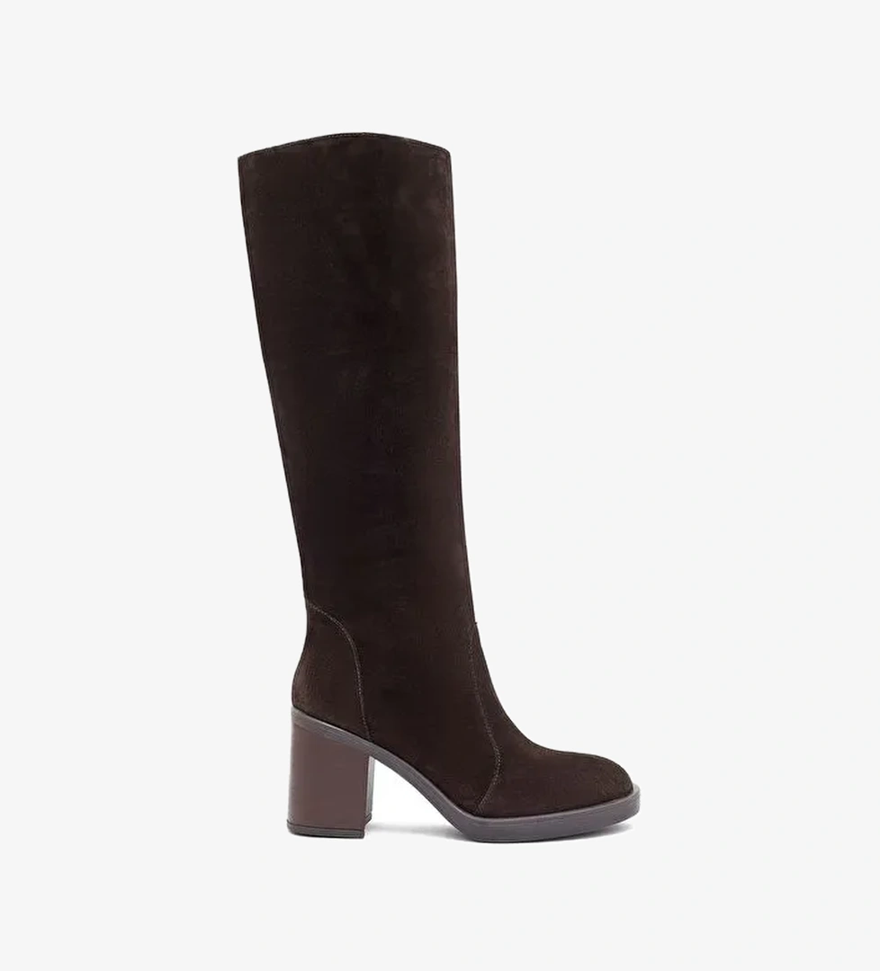 Kadın Kahverengi Fermuarlı Kalın Topuklu Süet Deri Çizme 25WFD203110 - Görsel 1