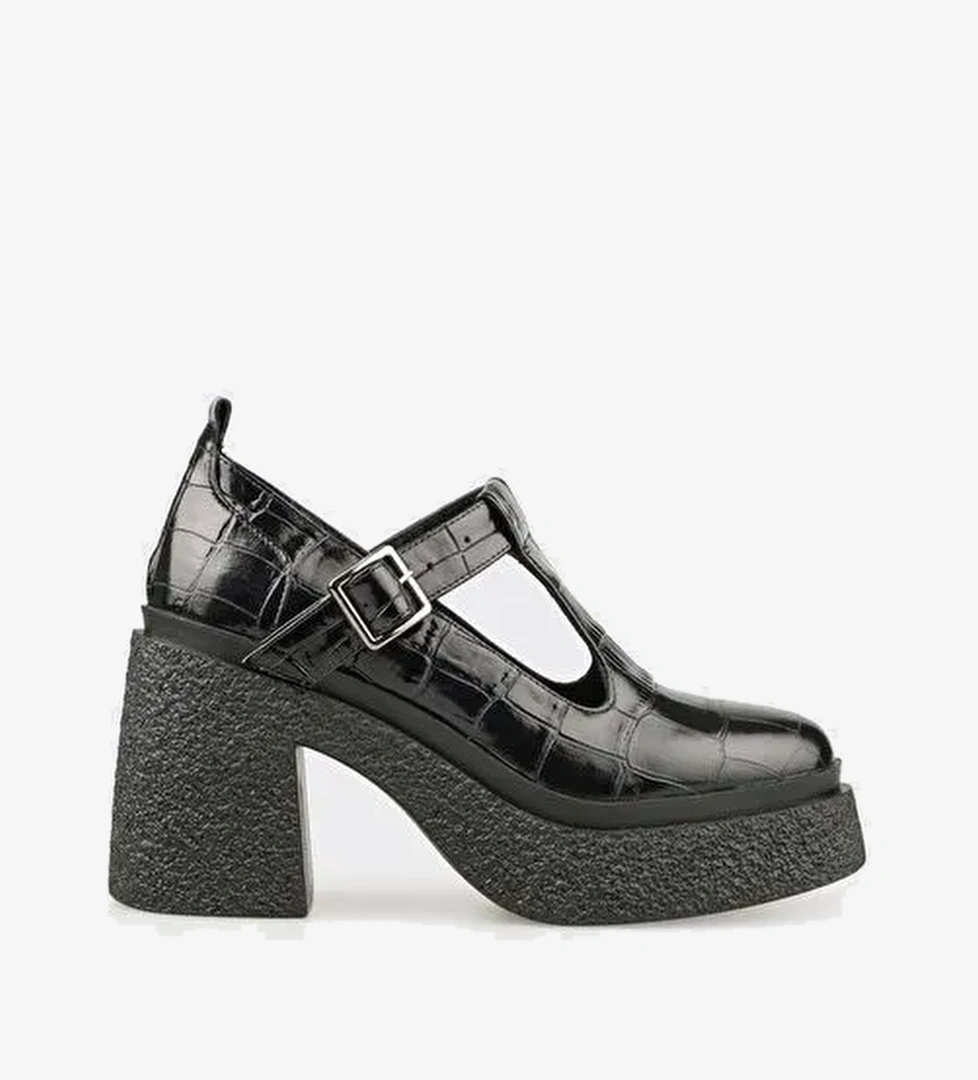 Siyah Deri Kadın Topuklu Ayakkabı - Görsel 1